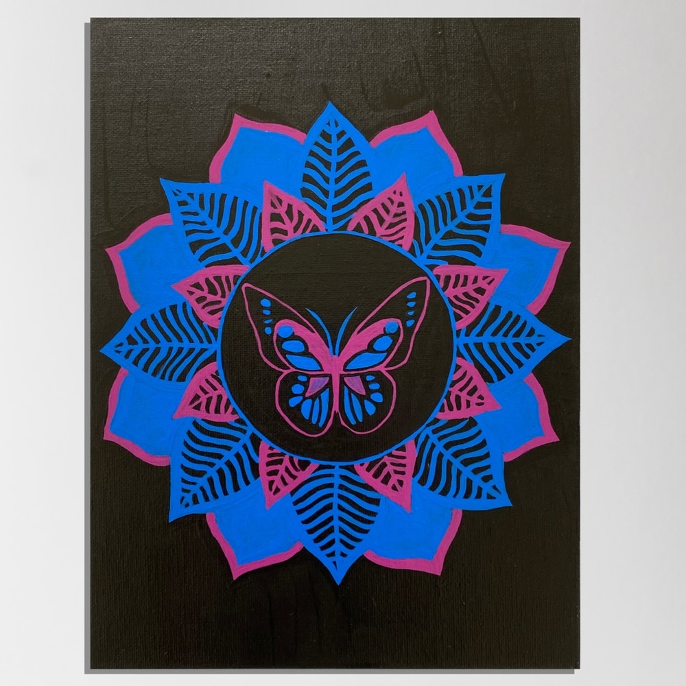 LAST CHANCE SALE!ORIGINAL Painting BUTTERFLY MANDALA Floral Pink Blue 12x9in